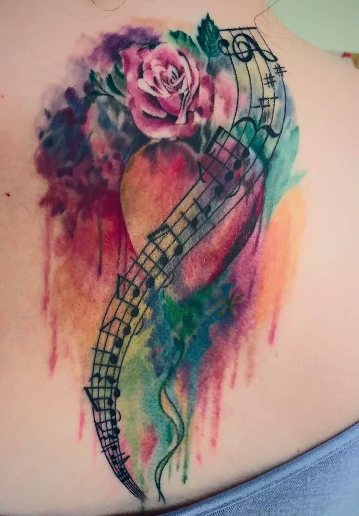 Watercolor heart Flower And Music Notes Tattoo