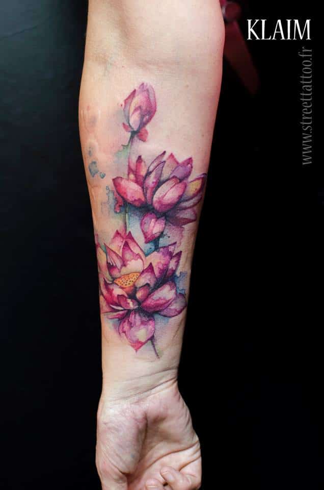 Watercolor lotus Flower Tattoo On Forearm
