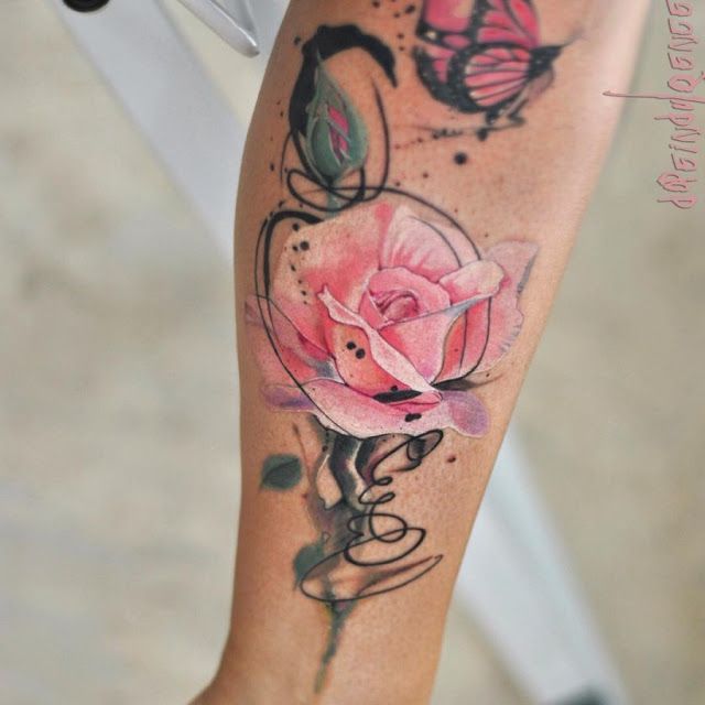 Watercolor rose flower tattoo On Leg calf