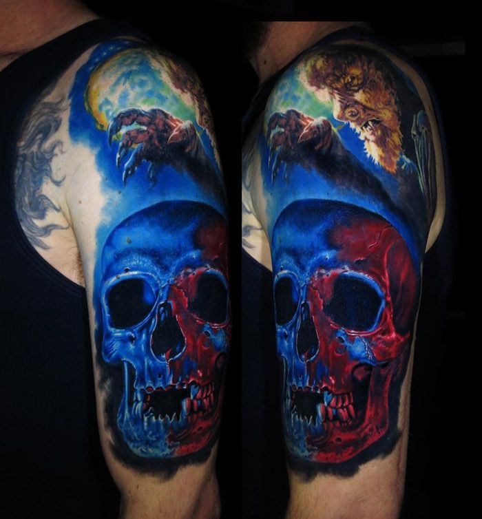 Werewolf And Skull Tattoo On Upper Arm