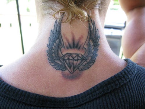 Winged Diamond Tattoo On Girls Back Neck
