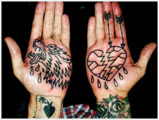 Wolf And Broken Heart tattoos On hand