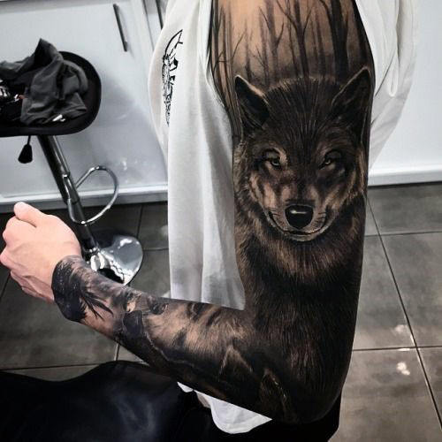 Wolf Face Tattoo On Full sleeve