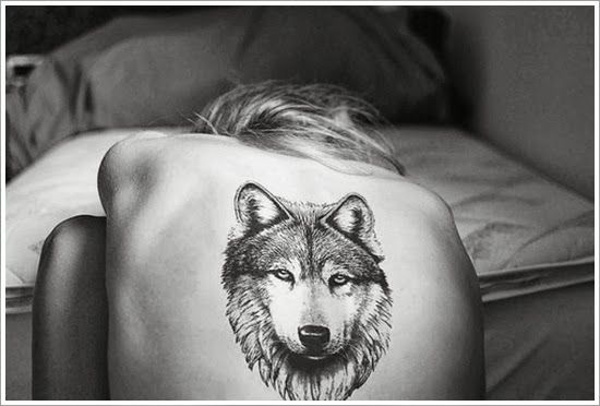 Wolf Face Tattoo On Girls Back