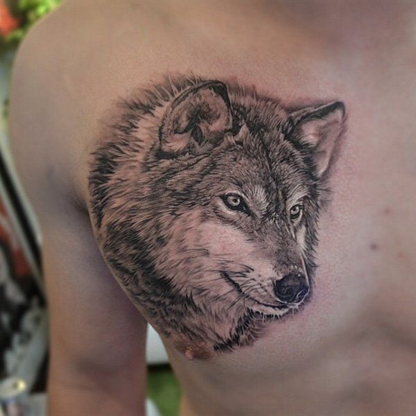Wolf Face Wolf Tattoo On Right Chest