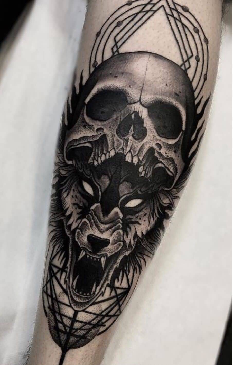 Wolf and Skull Tattoo On Forearm