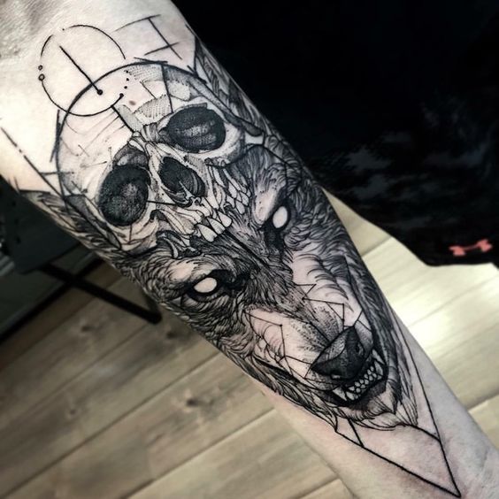 Wolf face And Skull Headdress Tattoo