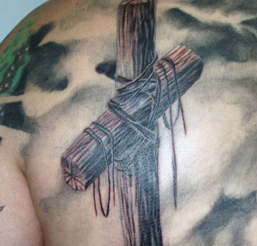Wooden Cross Tattoo On Back Shoulder