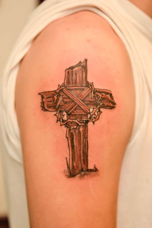 Wooden Cross Tattoo On Half Sleeve