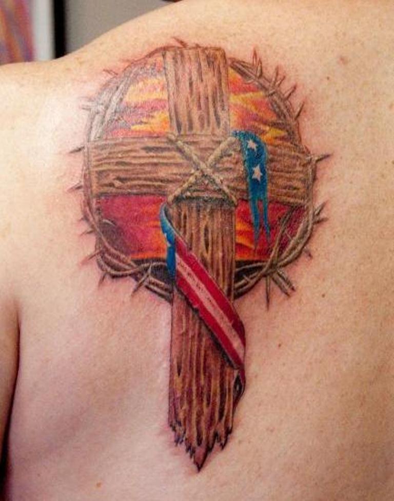 Wooden Cross Tattoo With Crown Of Thorns