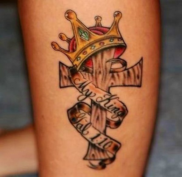 Wooden Cross Tattoo With Crown