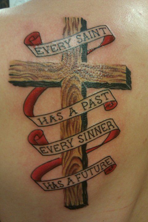 Wooden Cross Tattoo With Text Banner