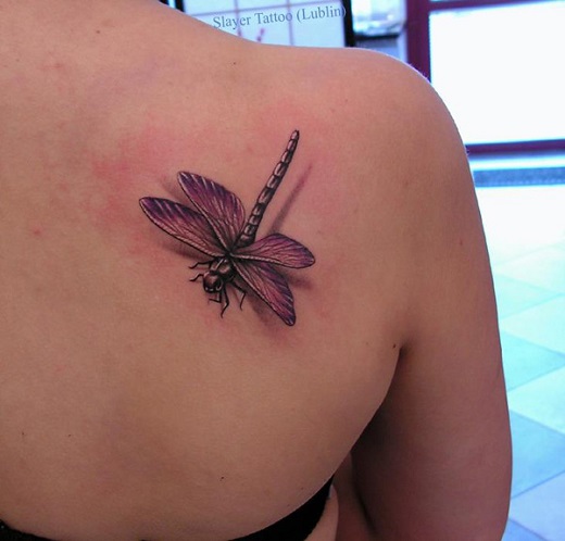 dark Red 3d Dragonfly Tattoo On Back Shoulder