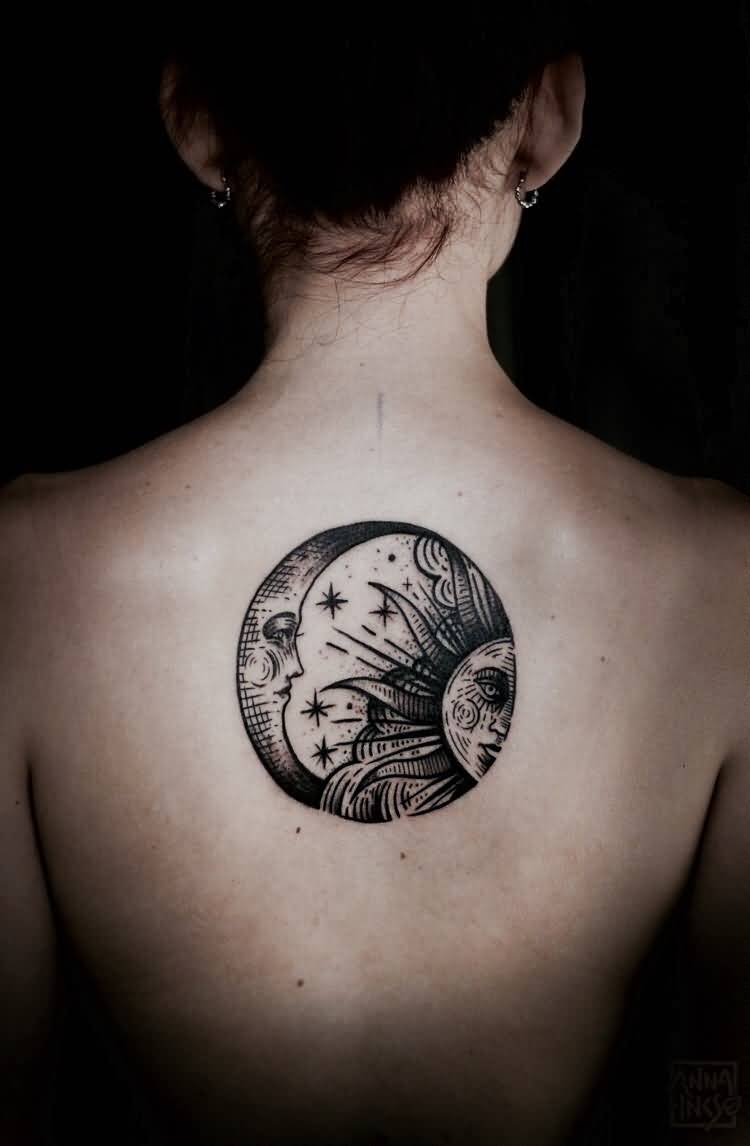 half Moon And Sun Tattoo On Girls Back