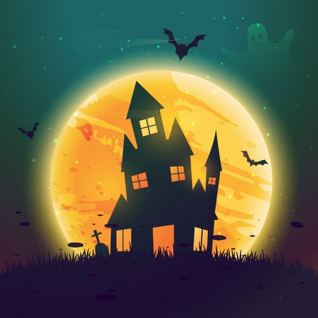 happy Halloween Scary house With Full Moon In Background