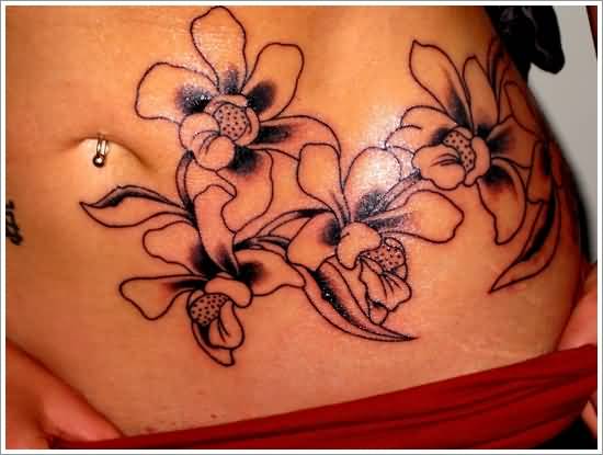 outline Orchid Flower Tattoo On Hip