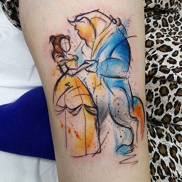 watercolor Disney Characters Tattoo On thigh