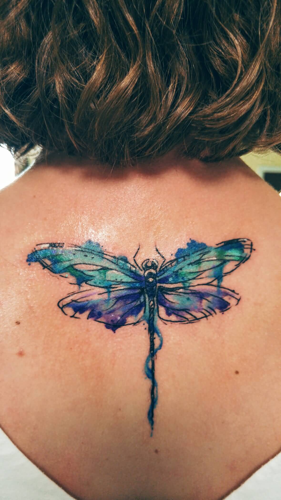 watercolor Dragonfly Tattoo On Girls Back