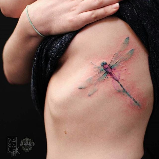 watercolor Dragonfly Tattoo On side Rib Cage