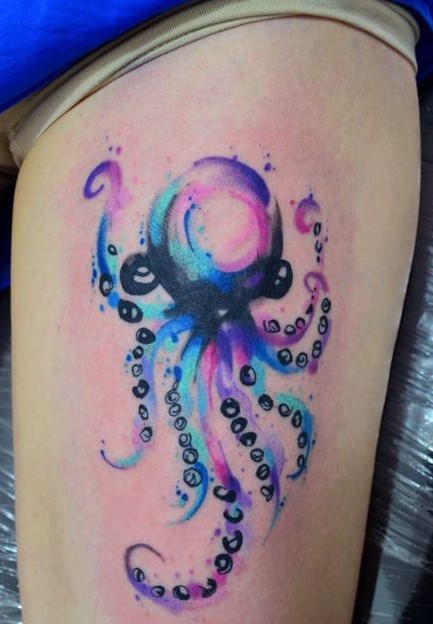 watercolor Octopus Tattoo On Thigh