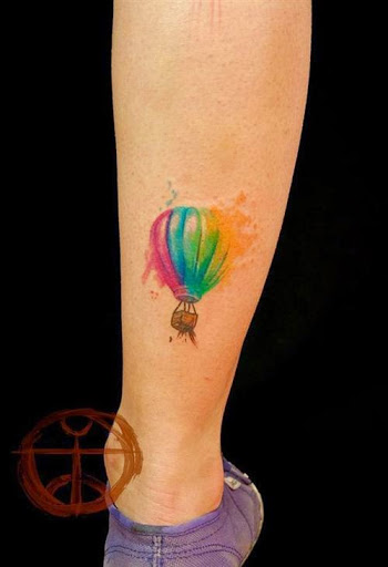 watercolor hot Air Balloon Tattoo On Leg