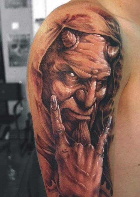 3D Realistic Lucifer – Demon With Horns Tattoo On Half Sleeve