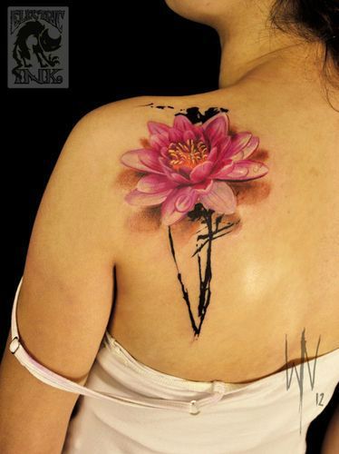 3d Pink Lotus Tattoo On Back Shoulder