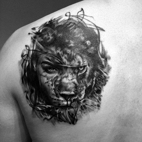 Abstract Lion Face Tattoo On back Shoulder