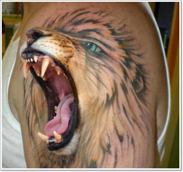 Adorable 3d Roaring Lion Tattoo On Upper Arm