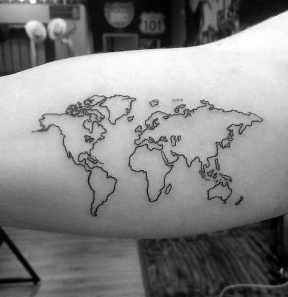Adorable Black Outline World Map Tattoo on Bicep