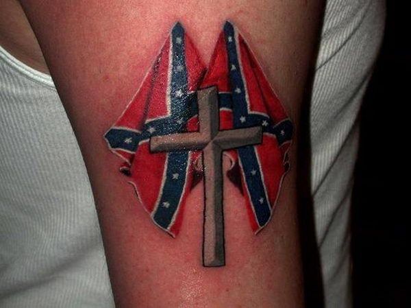 Adorable Rebel Flag With Cross Tattoo On Bicep