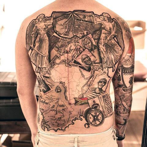 African Map Composed With Travel Potraits & Compass Tattoo For Full Back
