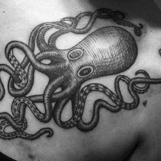 Amazing Black & Grey Octopus Tattoo On Girl Shoulder Back