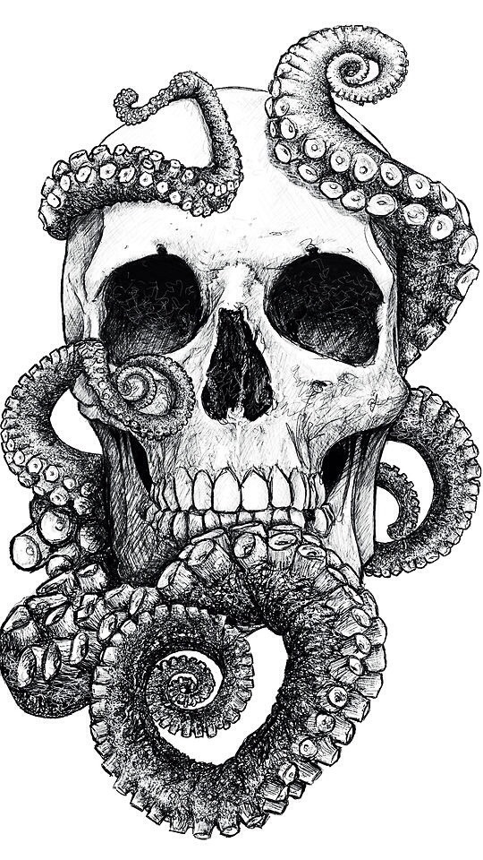 Amazing Black& Grey Skull Octopus Tattoo Design