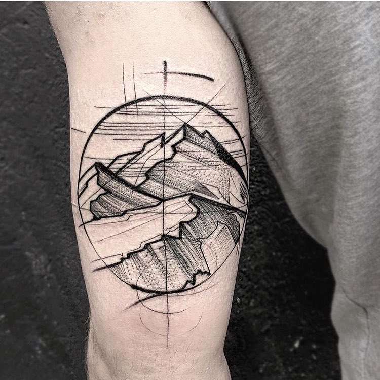 Amazing Black and Grey Mountains Travel Tattoo Design