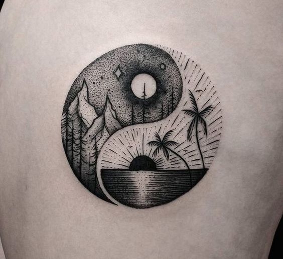 Amazing Composition Of Mountains & Beach in Yin Yang Travel Tattoo