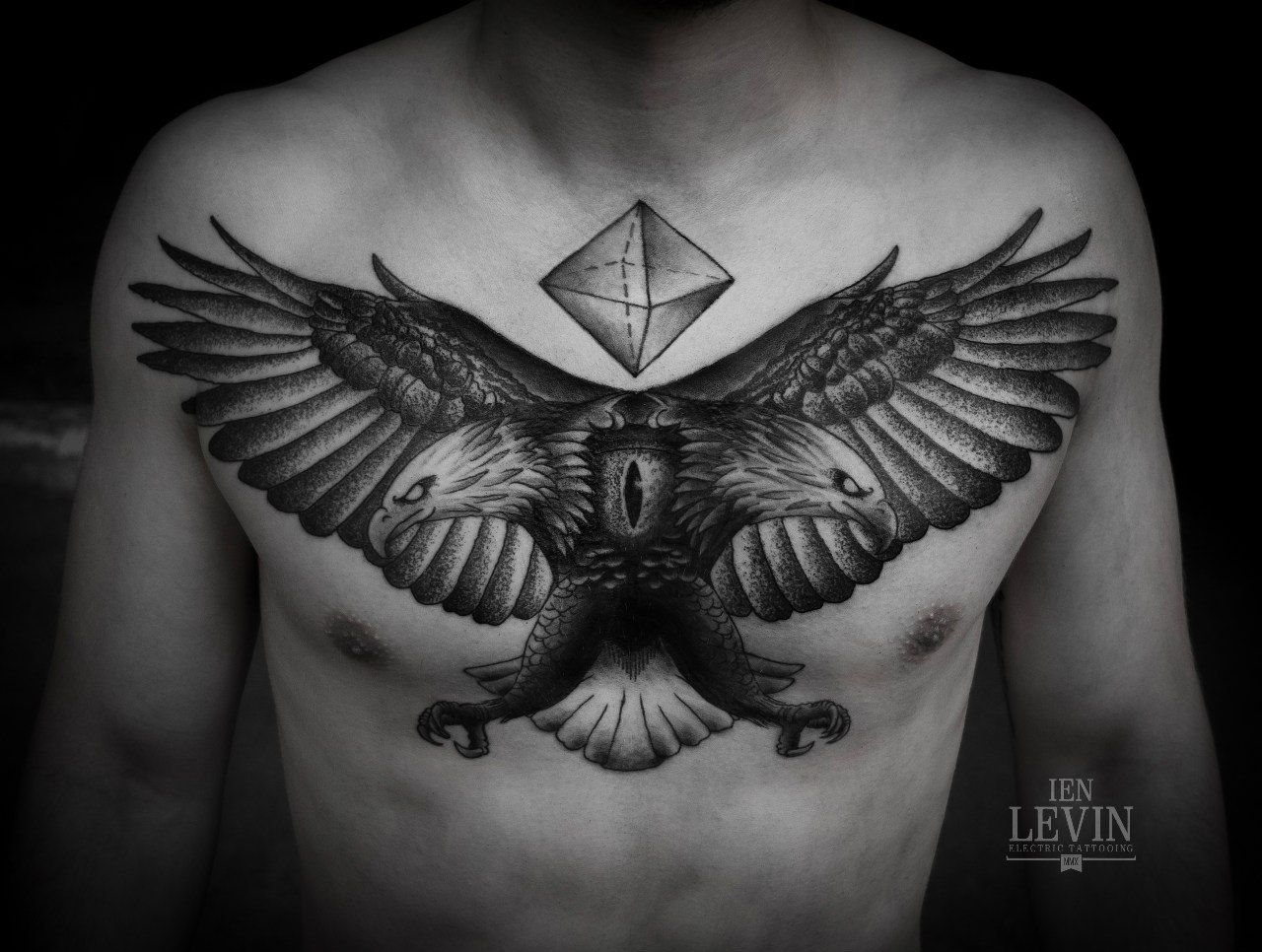 Amazing Grey Ink Eagles Tattoo on Chest For Men
