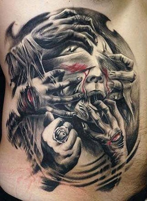 Amazing Grey ink Zoombies Demon Tattoo On Back