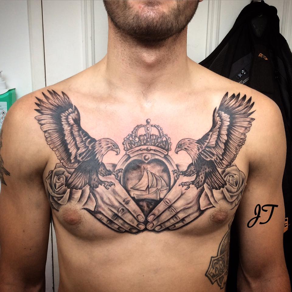 Amazing Hands, Eagle, Roses & Pendant Chest Composition Tattoo by INKFINGERS CUSTOM TATTOO STUDIO