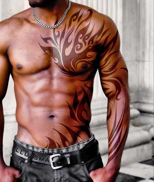 Amazing Tribal Arm & Chest Tattoo For Men