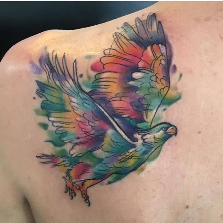 Amazing Watercolor Phoenix Tattoo On Back Shoulder
