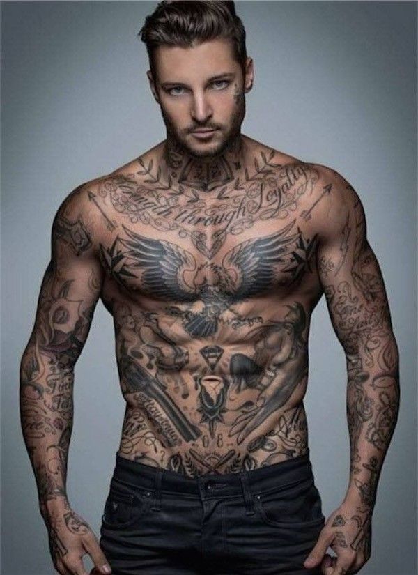 Amazing Wording With Wings, Pistol, Nautical Stars Composition Tattoo on Chest For Men