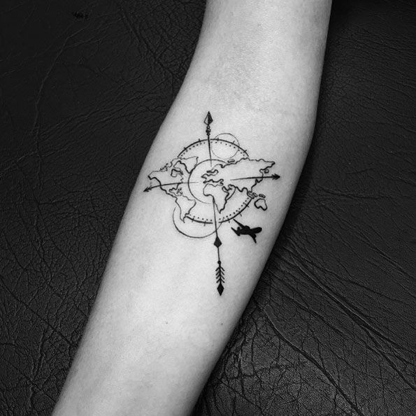 Amazing World Map Composition With Compass and Airplane Tattoo For Travel Addicts