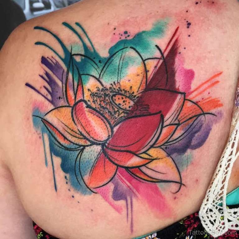 Amazing watercolor Lotus Tattoo On Back
