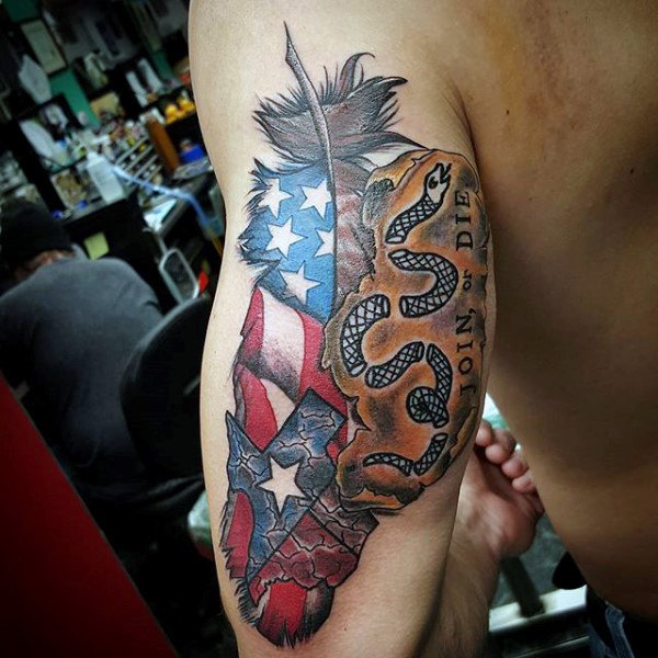 American Flag And Snake Drawing Tattoo On Bicep For Men
