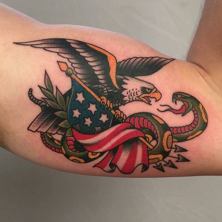 American Flag And Snake Tattoo On Bicep