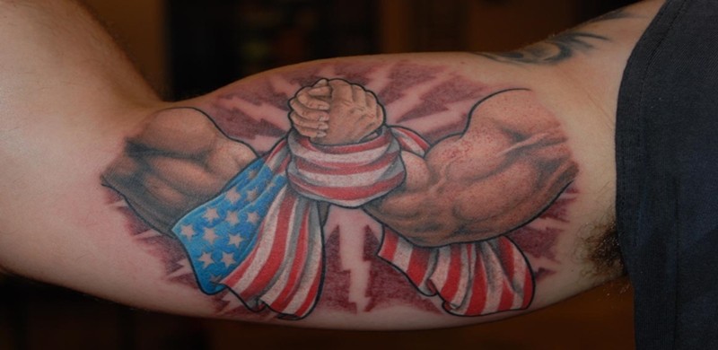 American Flag Arm Wrestling Hands Tattoo On Bicep