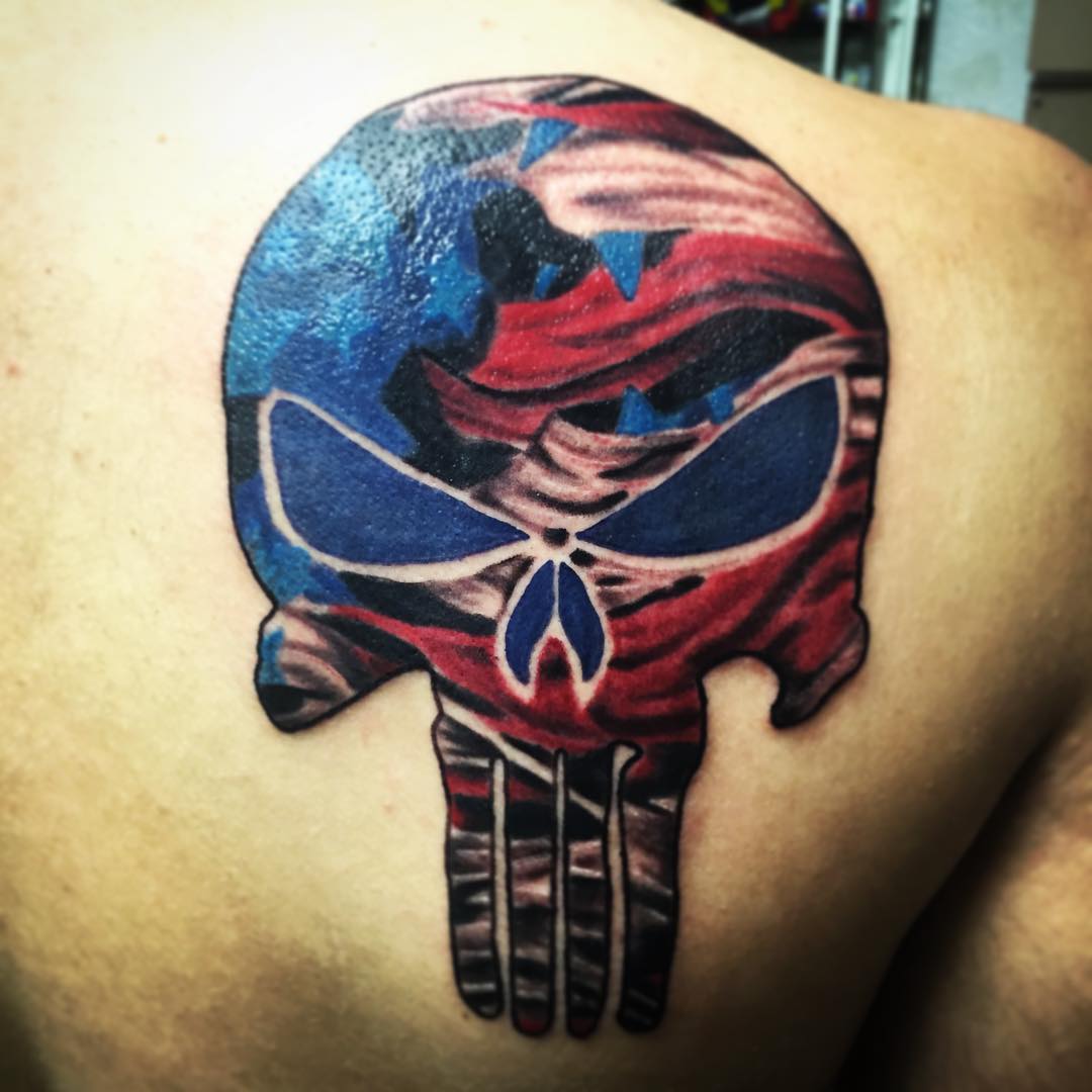 American Flag Skull Tattoo On Back Shoulder