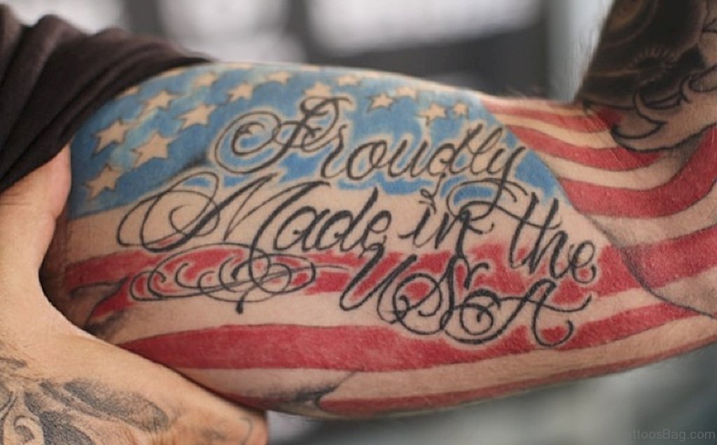 American Flag With Proudly Made In The USA Tattoo On Bicep