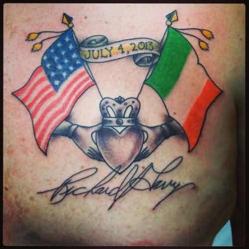 American and Irish Flag Tattoo On Chest